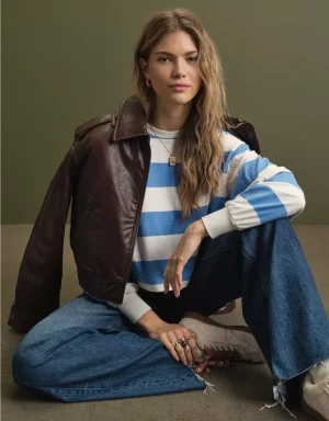 AE Cropped Faux Leather Bomber Jacket