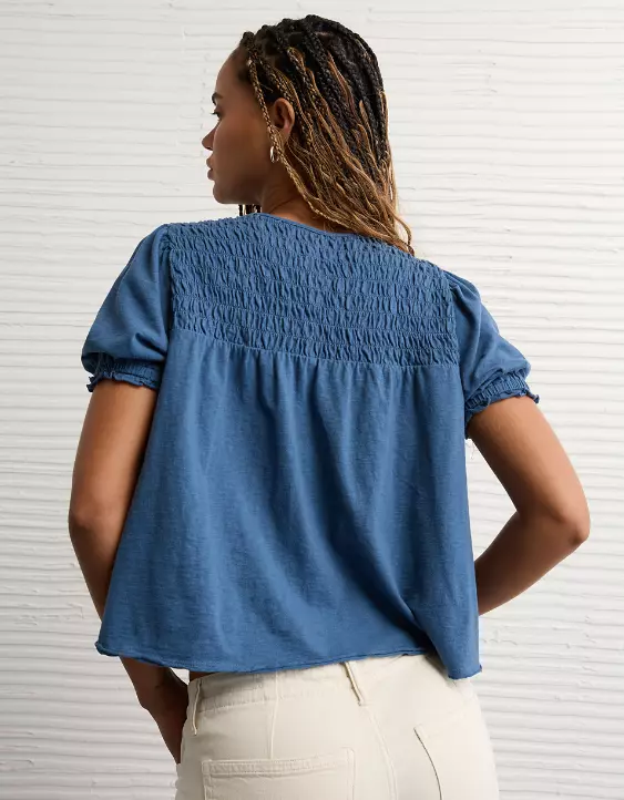 AE Sunchaser High Neck Puff Sleeve Smocked T-Shirt - Image 2