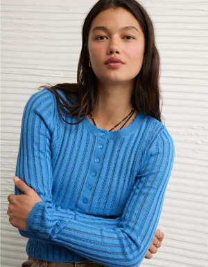 AE Pointelle Henley Sweater Top